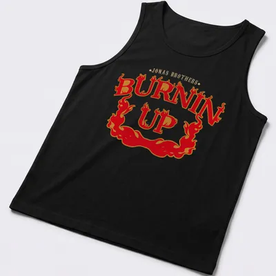 Vintage design featuring flames and Jonas Brothers Burnin Up text — printed on a tank top