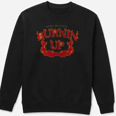 Vintage design featuring flames and Jonas Brothers Burnin Up text — printed on a unisex sweatshirt