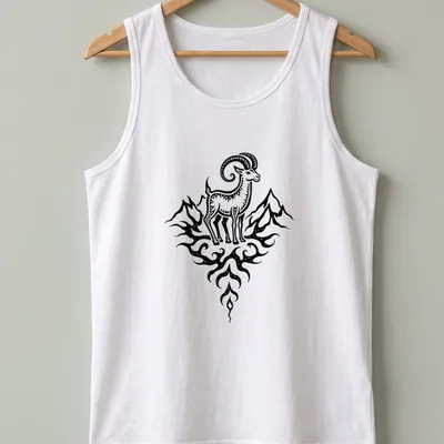 Black line art of a Capricorn sea goat against a mountain backdrop — printed on a tank top