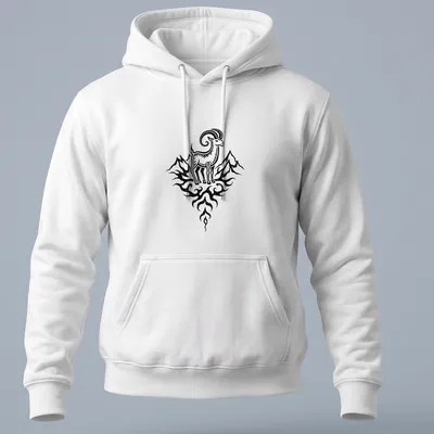 Black line art of a Capricorn sea goat against a mountain backdrop — printed on a unisex hoodie