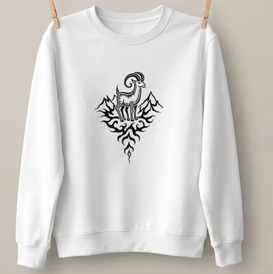 Black line art of a Capricorn sea goat against a mountain backdrop — printed on a unisex sweatshirt