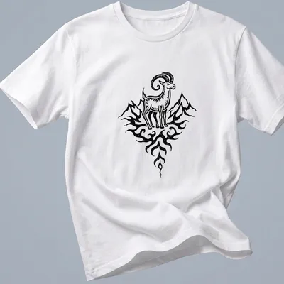 Black line art of a Capricorn sea goat against a mountain backdrop