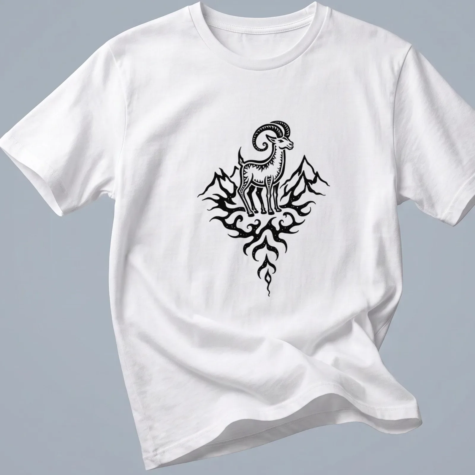 Black line art of a Capricorn sea goat against a mountain backdrop — printed on a unisex t-shirt