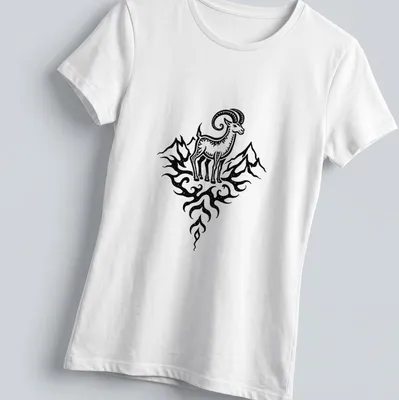 Black line art of a Capricorn sea goat against a mountain backdrop — printed on a women's shirt