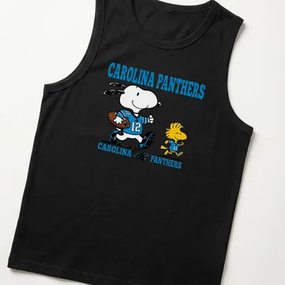 Cartoon Snoopy and Woodstock in football gear with Carolina Panthers text — printed on a tank top