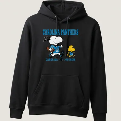 Cartoon Snoopy and Woodstock in football gear with Carolina Panthers text — printed on a unisex hoodie