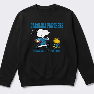 Cartoon Snoopy and Woodstock in football gear with Carolina Panthers text — printed on a unisex sweatshirt
