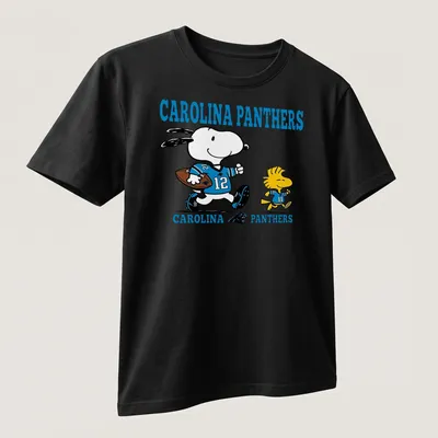 Cartoon Snoopy and Woodstock in football gear with Carolina Panthers text — printed on a unisex t-shirt (angled view)