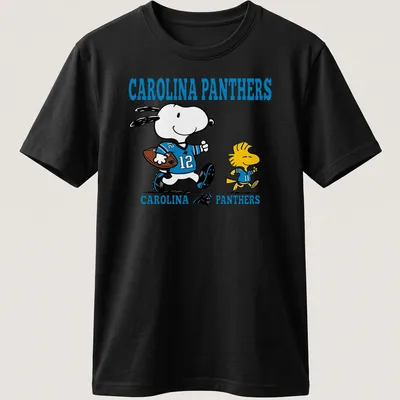 Cartoon Snoopy and Woodstock in football gear with Carolina Panthers text