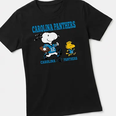 Cartoon Snoopy and Woodstock in football gear with Carolina Panthers text — printed on a women's shirt