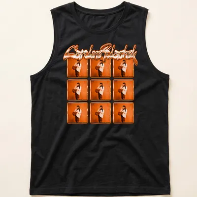 Vibrant T-shirt featuring Caroline Polachek's name with an orange geometric pattern. — printed on a tank top