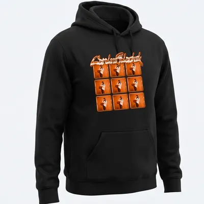 Vibrant T-shirt featuring Caroline Polachek's name with an orange geometric pattern. — printed on a unisex hoodie