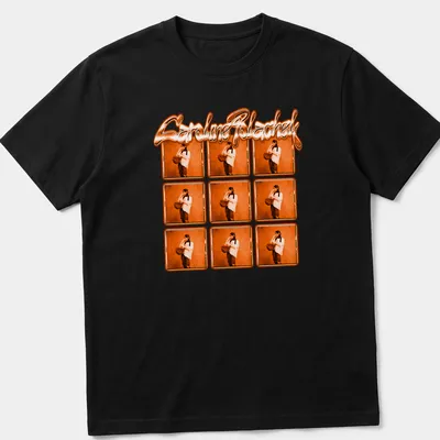 Vibrant T-shirt featuring Caroline Polachek's name with an orange geometric pattern. — printed on a unisex t-shirt