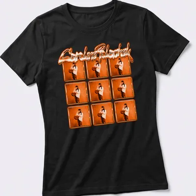 Vibrant T-shirt featuring Caroline Polachek's name with an orange geometric pattern. — printed on a women's shirt
