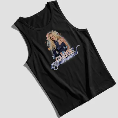 Floral portrait of Carrie Underwood with butterflies in blue and pink — printed on a tank top