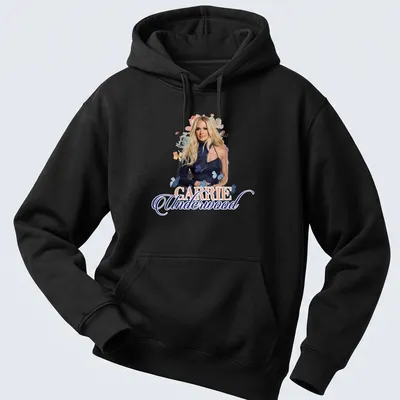 Floral portrait of Carrie Underwood with butterflies in blue and pink — printed on a unisex hoodie