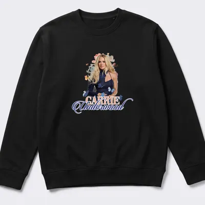 Floral portrait of Carrie Underwood with butterflies in blue and pink — printed on a unisex sweatshirt