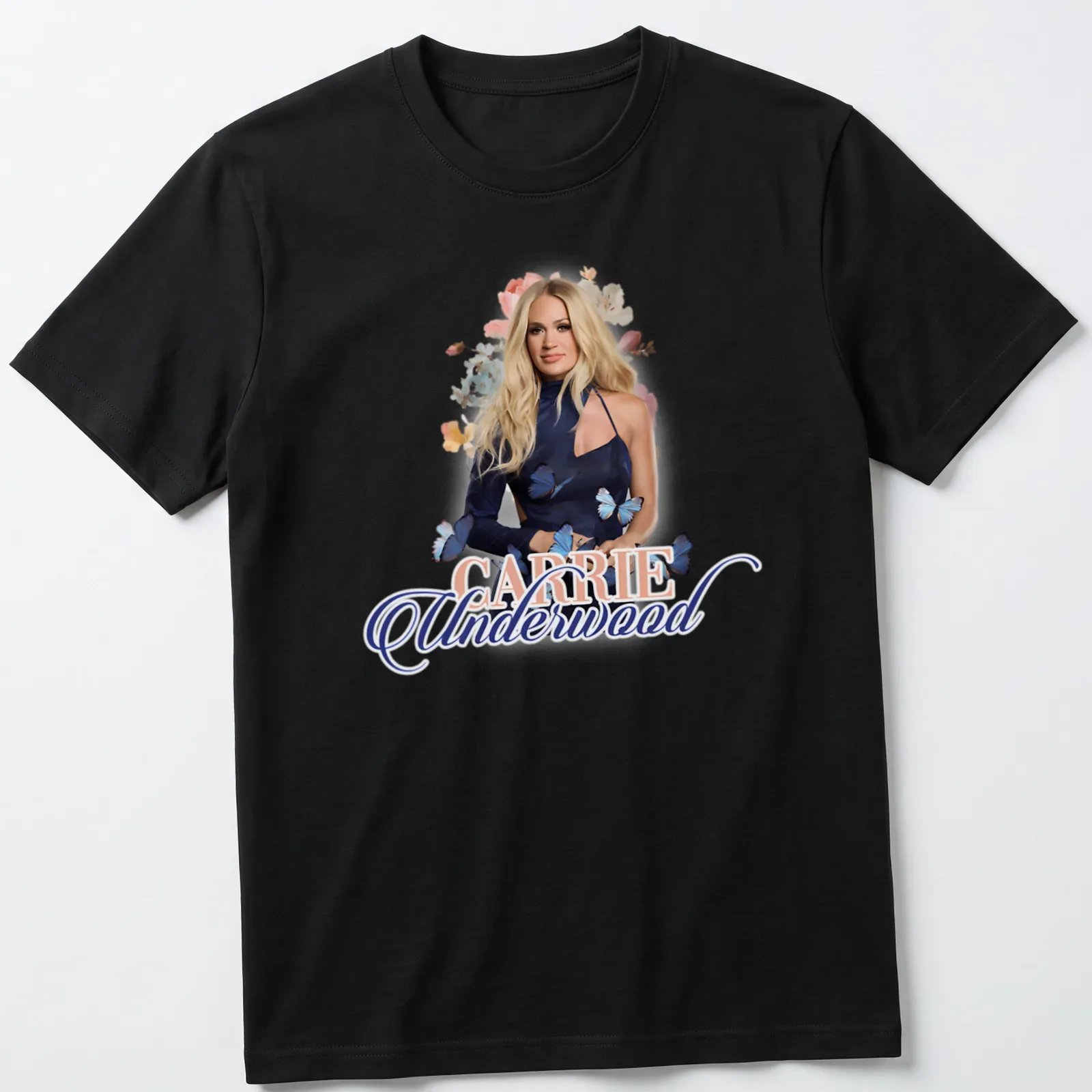 Floral portrait of Carrie Underwood with butterflies in blue and pink — printed on a unisex t-shirt