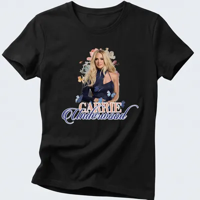 Floral portrait of Carrie Underwood with butterflies in blue and pink — printed on a women's shirt