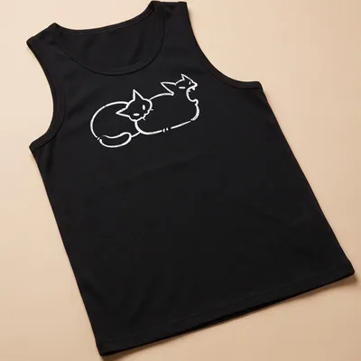 Simple line-art of a cat humorously biting a butt in white — printed on a tank top