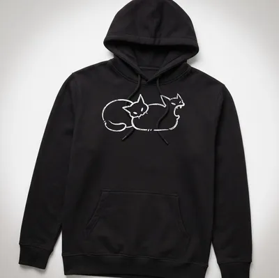 Simple line-art of a cat humorously biting a butt in white — printed on a unisex hoodie