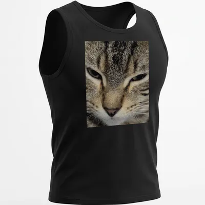 Realistic close-up of a cat's face in brown, gray, black, and white — printed on a tank top