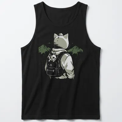 Illustrative cat wearing a backpack against a mountainous landscape — printed on a tank top