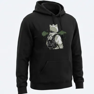 Illustrative cat wearing a backpack against a mountainous landscape — printed on a unisex hoodie