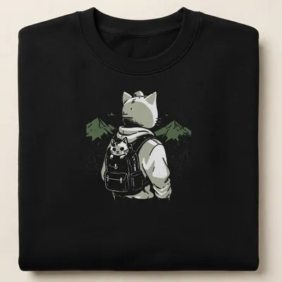 Illustrative cat wearing a backpack against a mountainous landscape — printed on a unisex sweatshirt