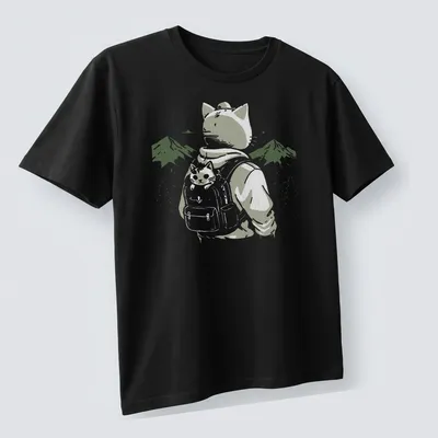 Illustrative cat wearing a backpack against a mountainous landscape — printed on a unisex t-shirt (angled view)