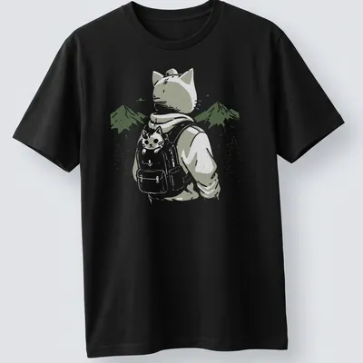Illustrative cat wearing a backpack against a mountainous landscape