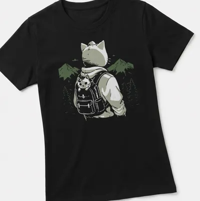 Illustrative cat wearing a backpack against a mountainous landscape — printed on a women's shirt