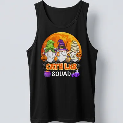 Cartoon Halloween gnomes with CATH LAB SQUAD text in vibrant colors — printed on a tank top