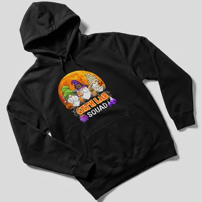 Cartoon Halloween gnomes with CATH LAB SQUAD text in vibrant colors — printed on a unisex hoodie