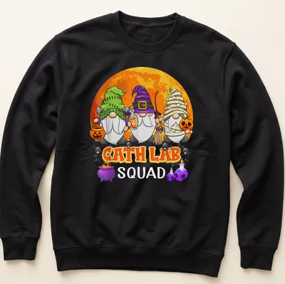 Cartoon Halloween gnomes with CATH LAB SQUAD text in vibrant colors — printed on a unisex sweatshirt
