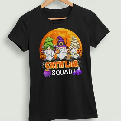 Cartoon Halloween gnomes with CATH LAB SQUAD text in vibrant colors — printed on a women's shirt