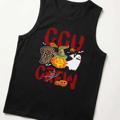 Playful Halloween T-shirt featuring CCU Boo Crew text, pumpkin, and ghost illustration — printed on a tank top