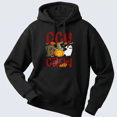 Playful Halloween T-shirt featuring CCU Boo Crew text, pumpkin, and ghost illustration — printed on a unisex hoodie