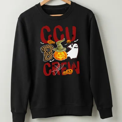 Playful Halloween T-shirt featuring CCU Boo Crew text, pumpkin, and ghost illustration — printed on a unisex sweatshirt