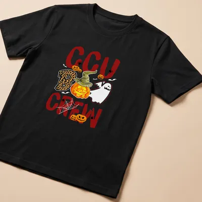 Playful Halloween T-shirt featuring CCU Boo Crew text, pumpkin, and ghost illustration