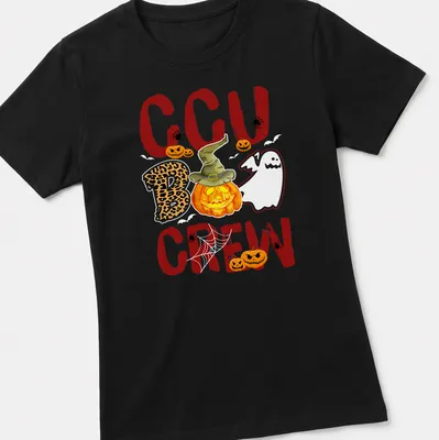Playful Halloween T-shirt featuring CCU Boo Crew text, pumpkin, and ghost illustration — printed on a women's shirt