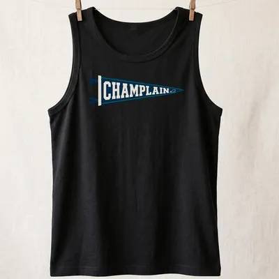 Vintage Champlain College pennant T-shirt in navy blue, cream, and green — printed on a tank top