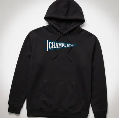 Vintage Champlain College pennant T-shirt in navy blue, cream, and green — printed on a unisex hoodie