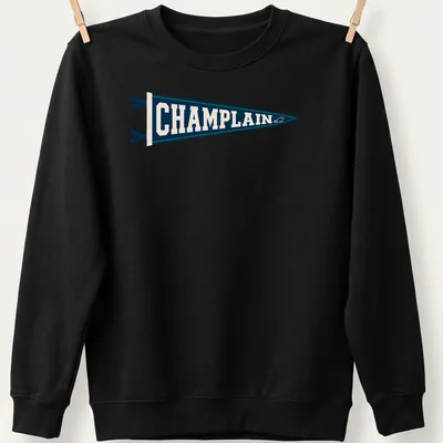 Vintage Champlain College pennant T-shirt in navy blue, cream, and green — printed on a unisex sweatshirt