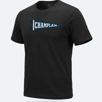 Vintage Champlain College pennant T-shirt in navy blue, cream, and green — printed on a unisex t-shirt