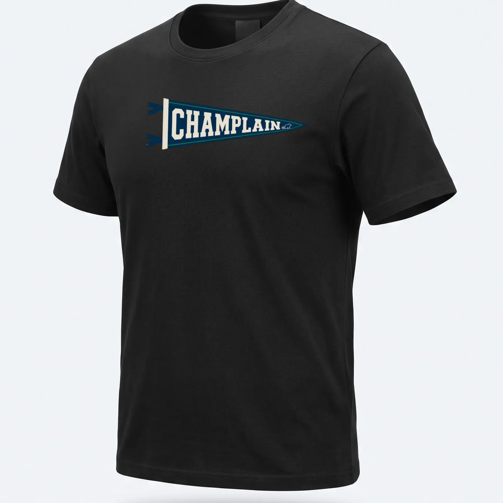 Vintage Champlain College pennant T-shirt in navy blue, cream, and green — printed on a unisex t-shirt