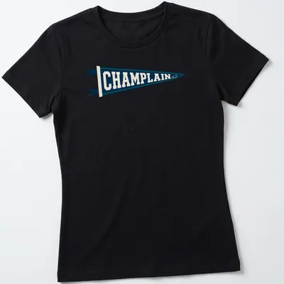 Vintage Champlain College pennant T-shirt in navy blue, cream, and green — printed on a women's shirt