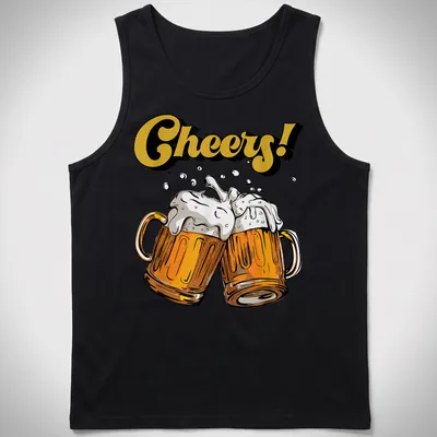 Cartoon beer mugs toasting with the text Cheers! in gold and brown — printed on a tank top