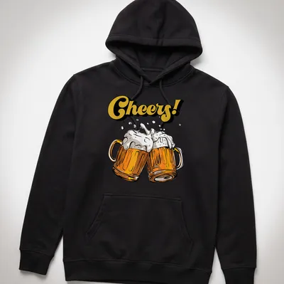 Cartoon beer mugs toasting with the text Cheers! in gold and brown — printed on a unisex hoodie