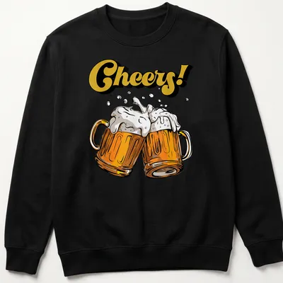 Cartoon beer mugs toasting with the text Cheers! in gold and brown — printed on a unisex sweatshirt